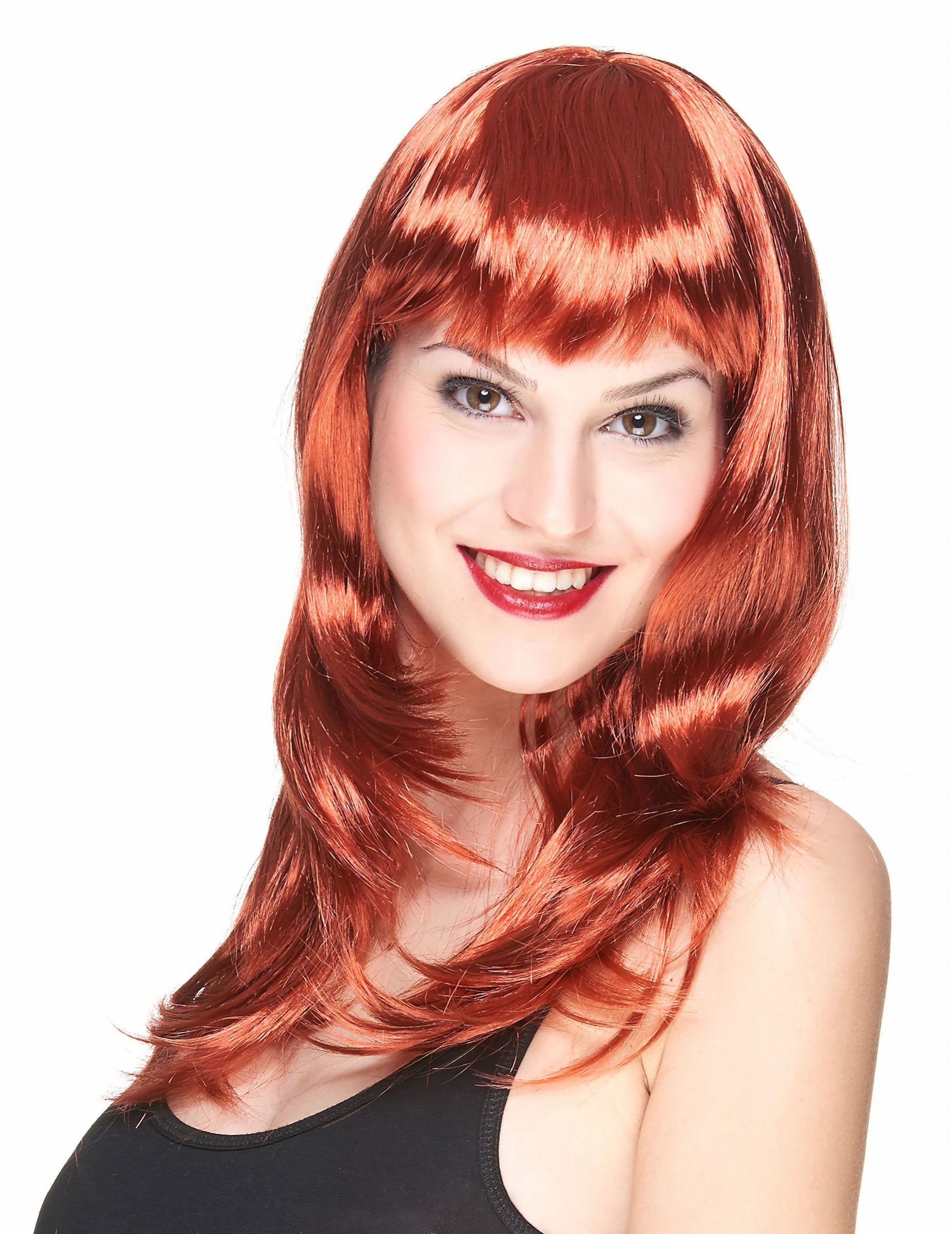 Perruque longue à frange pour femme rousse