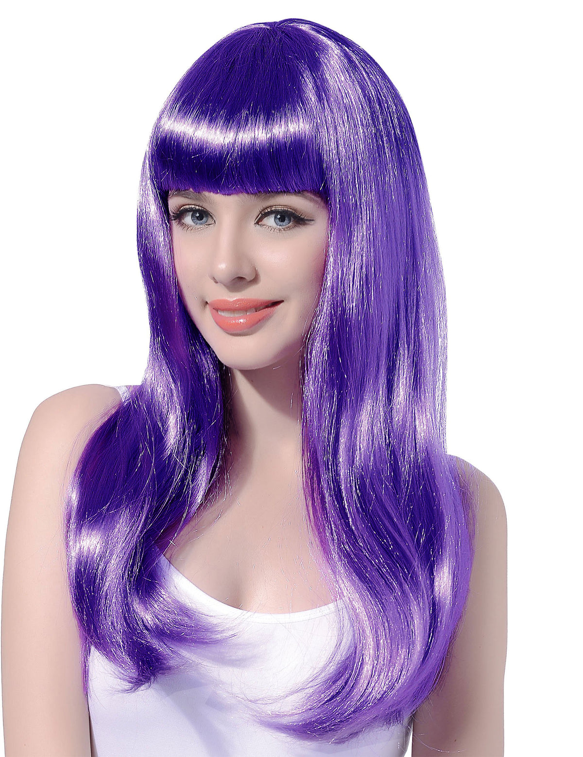Perruque longue à frange pour femme violette