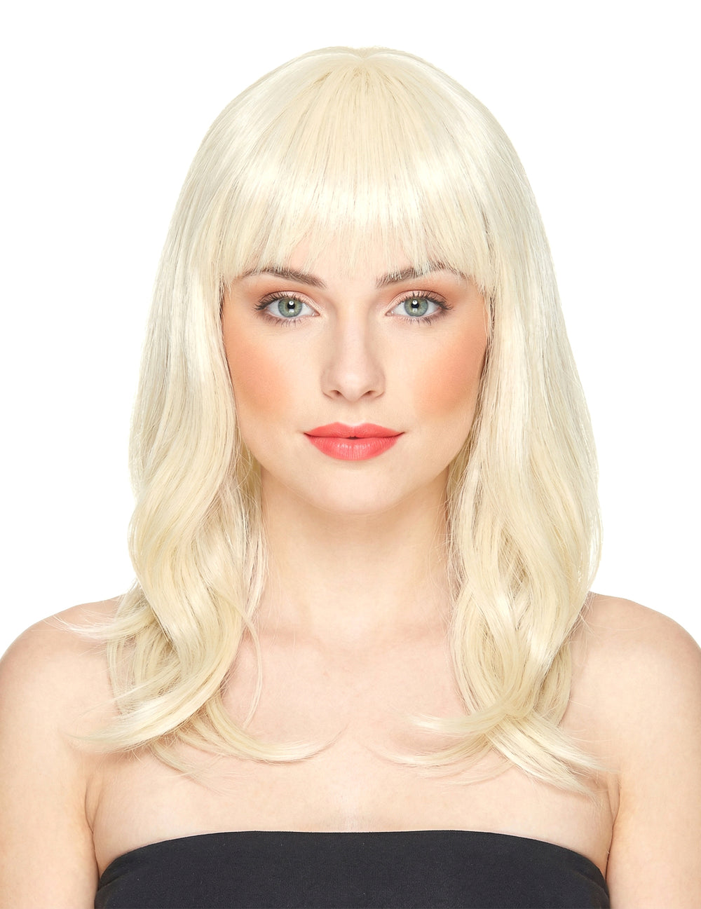 Perruque luxe mi-longue pour femme blonde avec frange