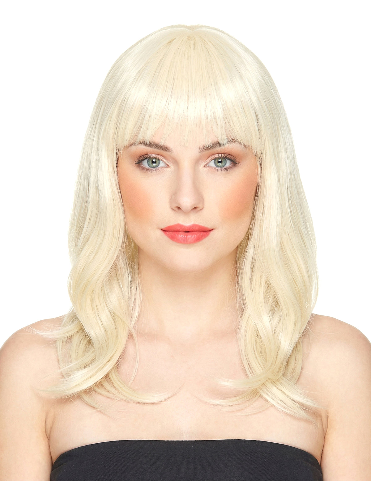 Perruque luxe mi-longue pour femme blonde avec frange