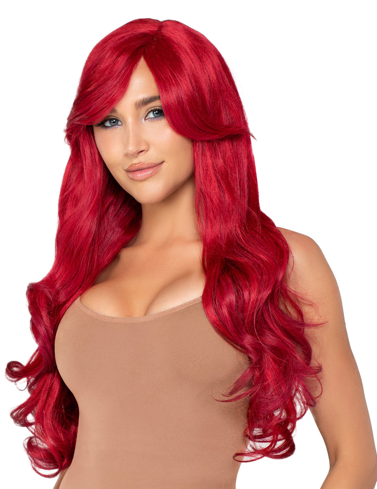 Vue de face de la perruque luxe longue pour femme rouge