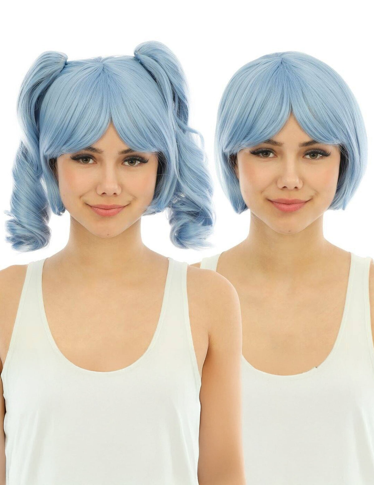 Vue de face avec et sans les couettes amovibles de la perruque manga avec couettes détachables