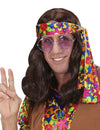 Perruque hippie pour adulte marron avec bandeau à fleurs coloré
