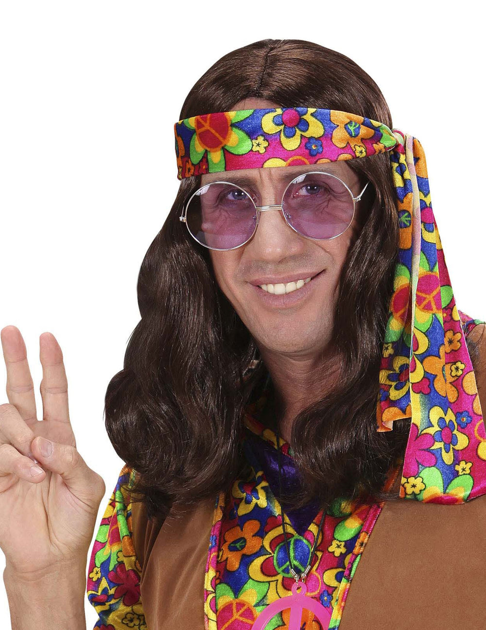 Perruque hippie pour adulte marron avec bandeau à fleurs coloré