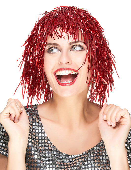 Perruque à frange métallique pour adulte rouge
