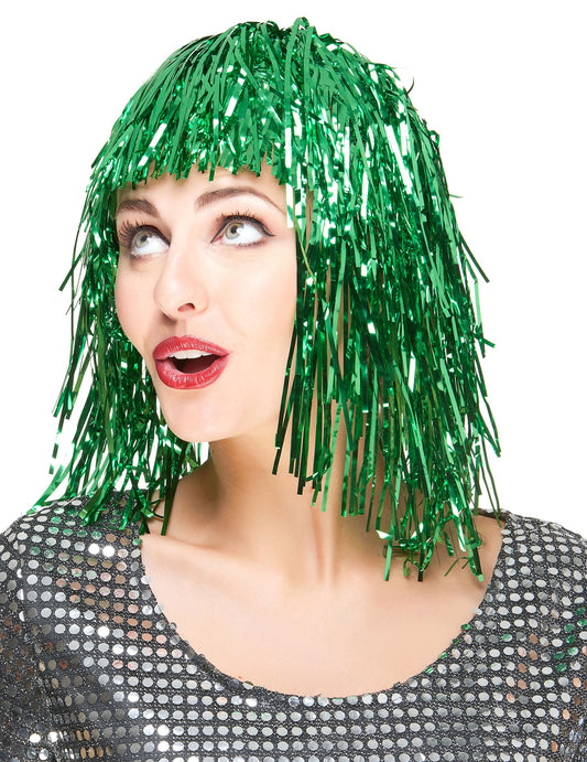 Perruque métallique pour femme verte