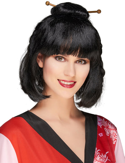 Perruque chinoise pour femme noire avec chignon et bâtonnets
