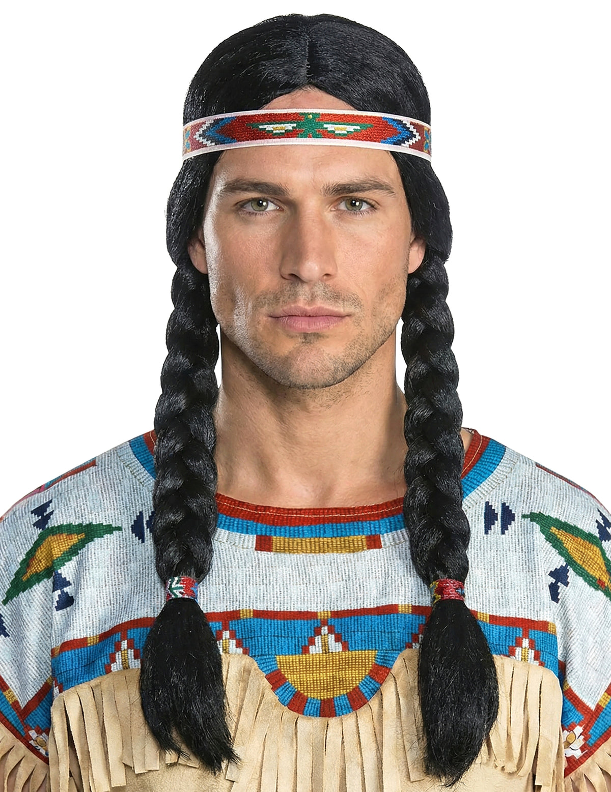 Perruque Nscho Tschi pour adulte noire à tresses avec bandeau à motifs