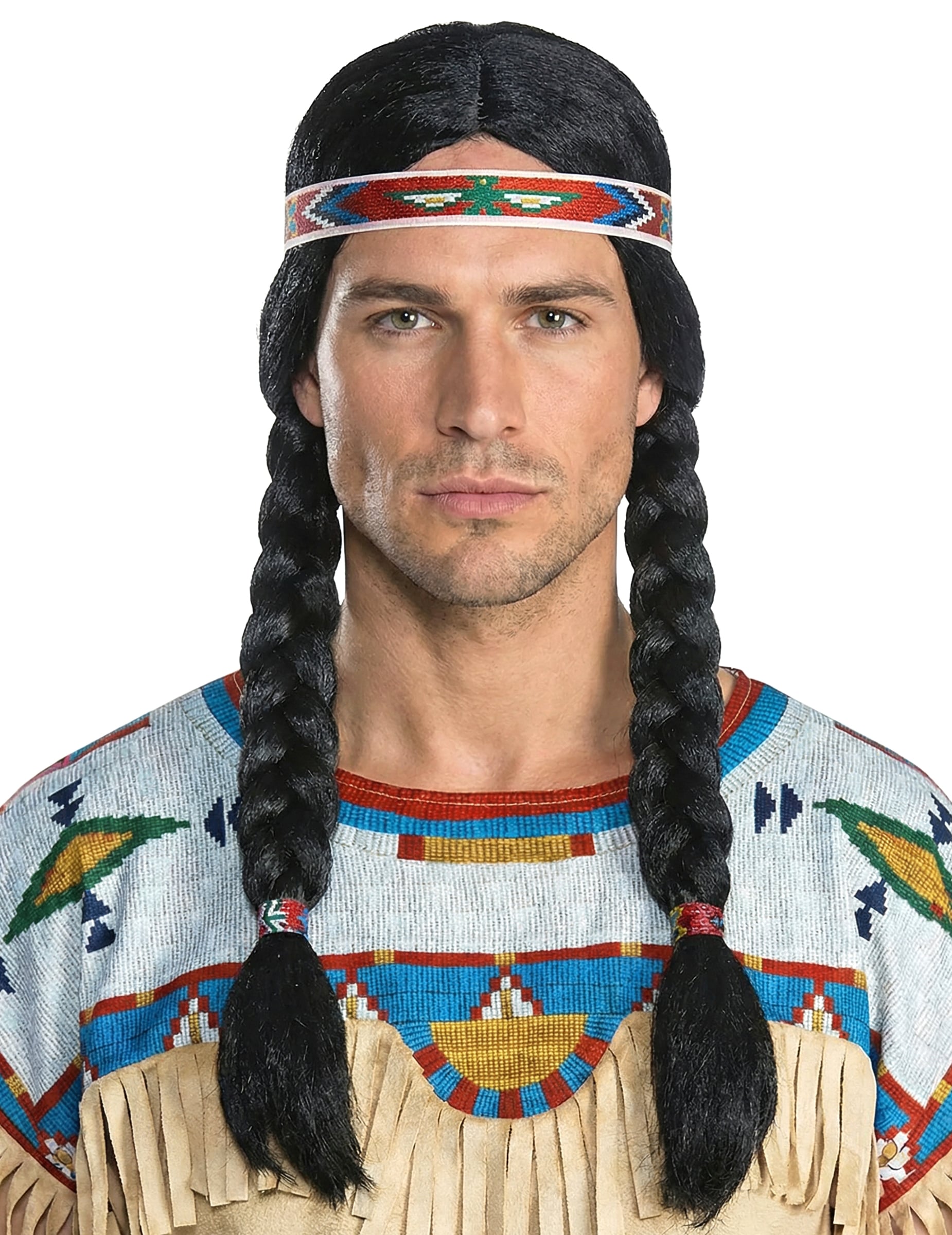 Perruque Nscho Tschi pour adulte noire à tresses avec bandeau à motifs