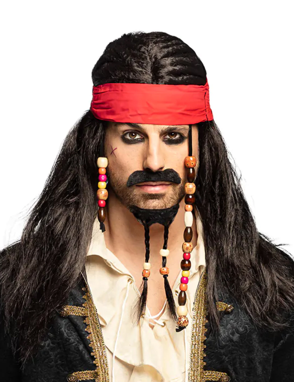 Perruque pirate avec bandana pour homme rouge et noir avec perles