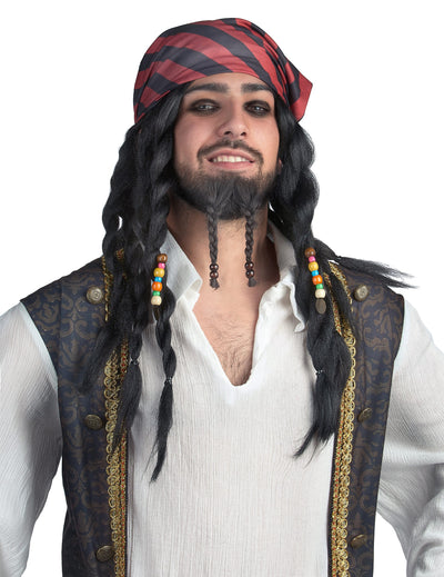 Perruque pirate à tresses pour adulte noire avec bandana rouge et noir et perles colorées