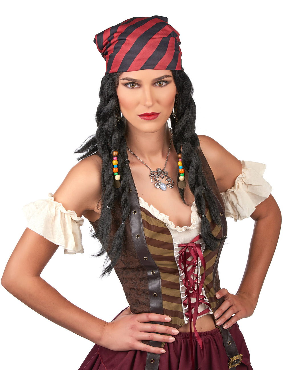 Gros plan sur le bandana et les tresses de la perruque pirate à tresses adulte