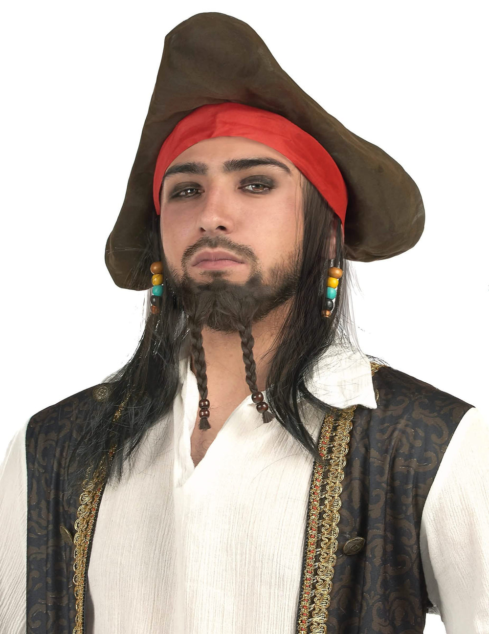 Lasulja piratskega klobuka za moški rjava z rdeča bandano in črnimi lasmi
