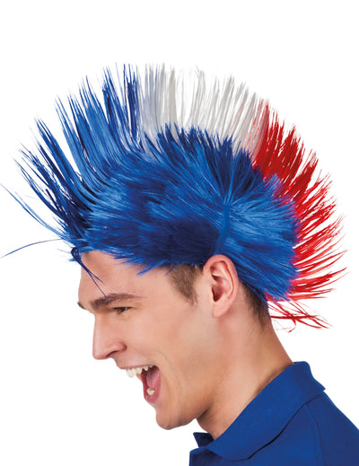 Perruque punk France pour homme bleu blanc rouge