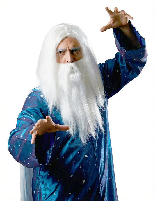 Gros plan de la perruque avec barbe de sorcier
