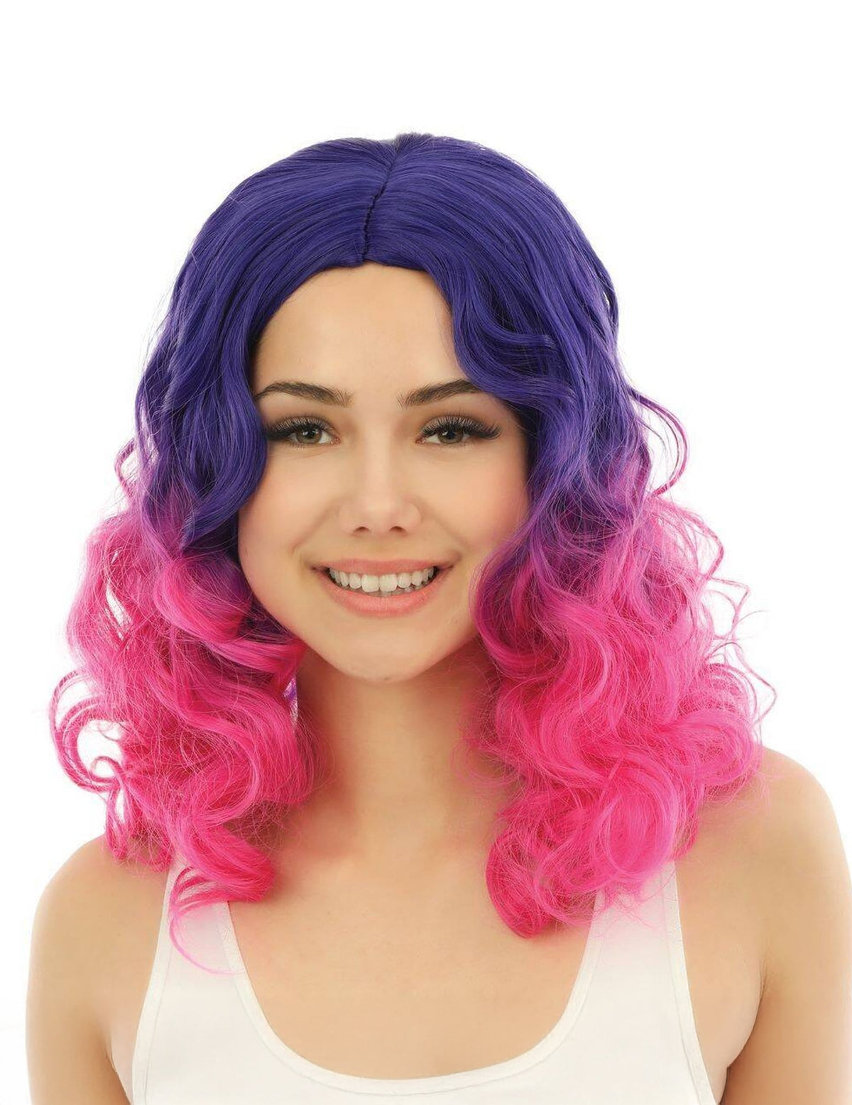 Vue de face de la perruque tie and dye pour adulte rose et violette luxe