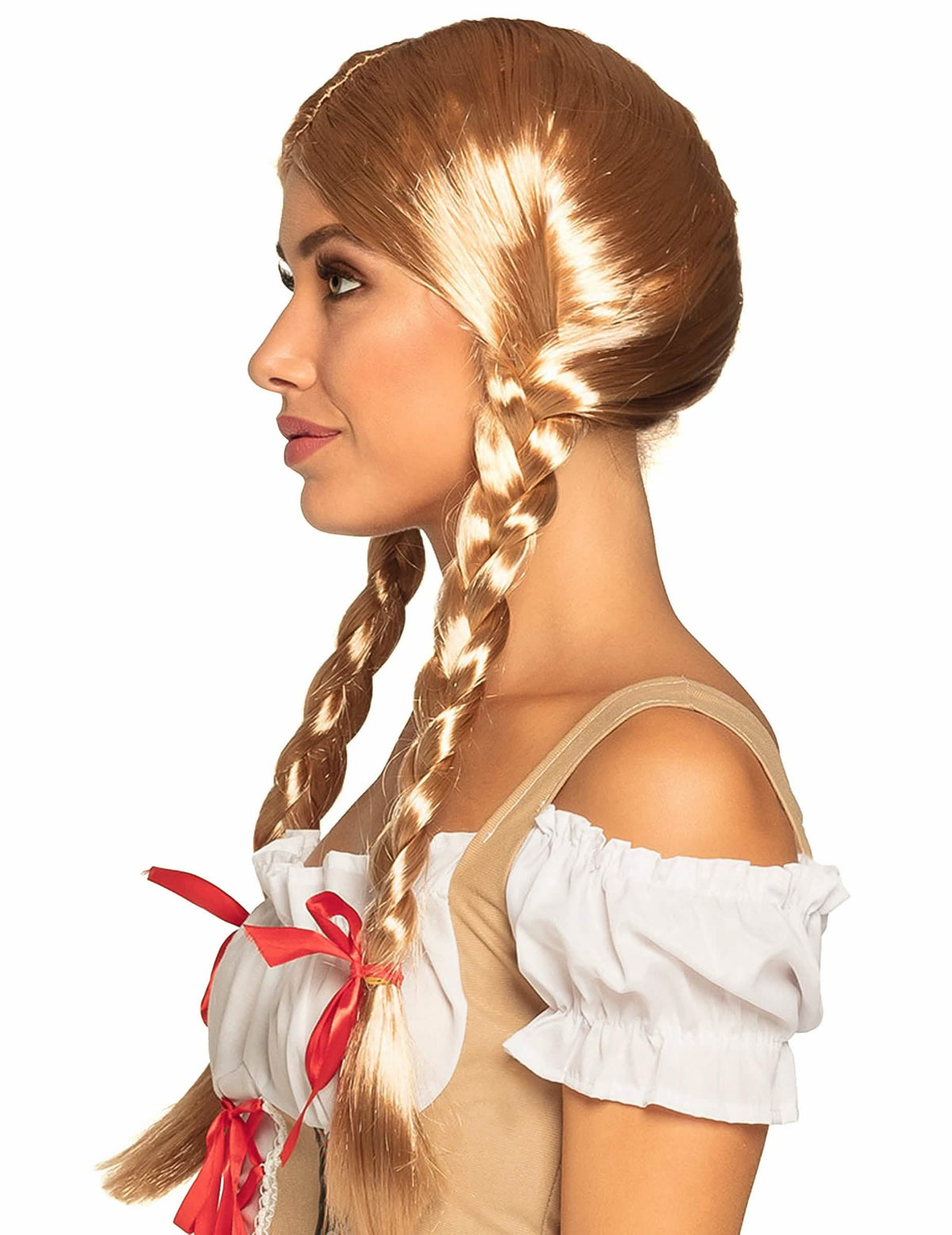 Pogled s strani na žensko blond pleteno lasuljo