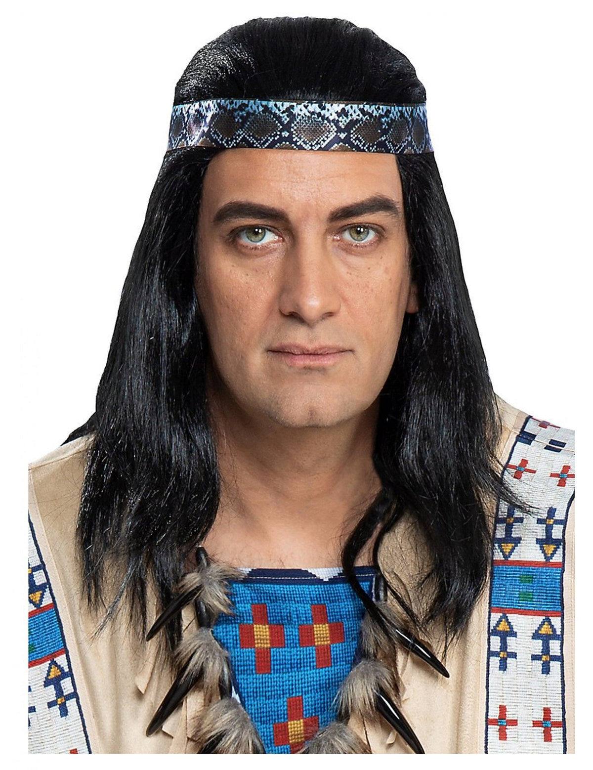 Perruque Winnetou pour adulte noire avec bandeau à motifs peau de serpent