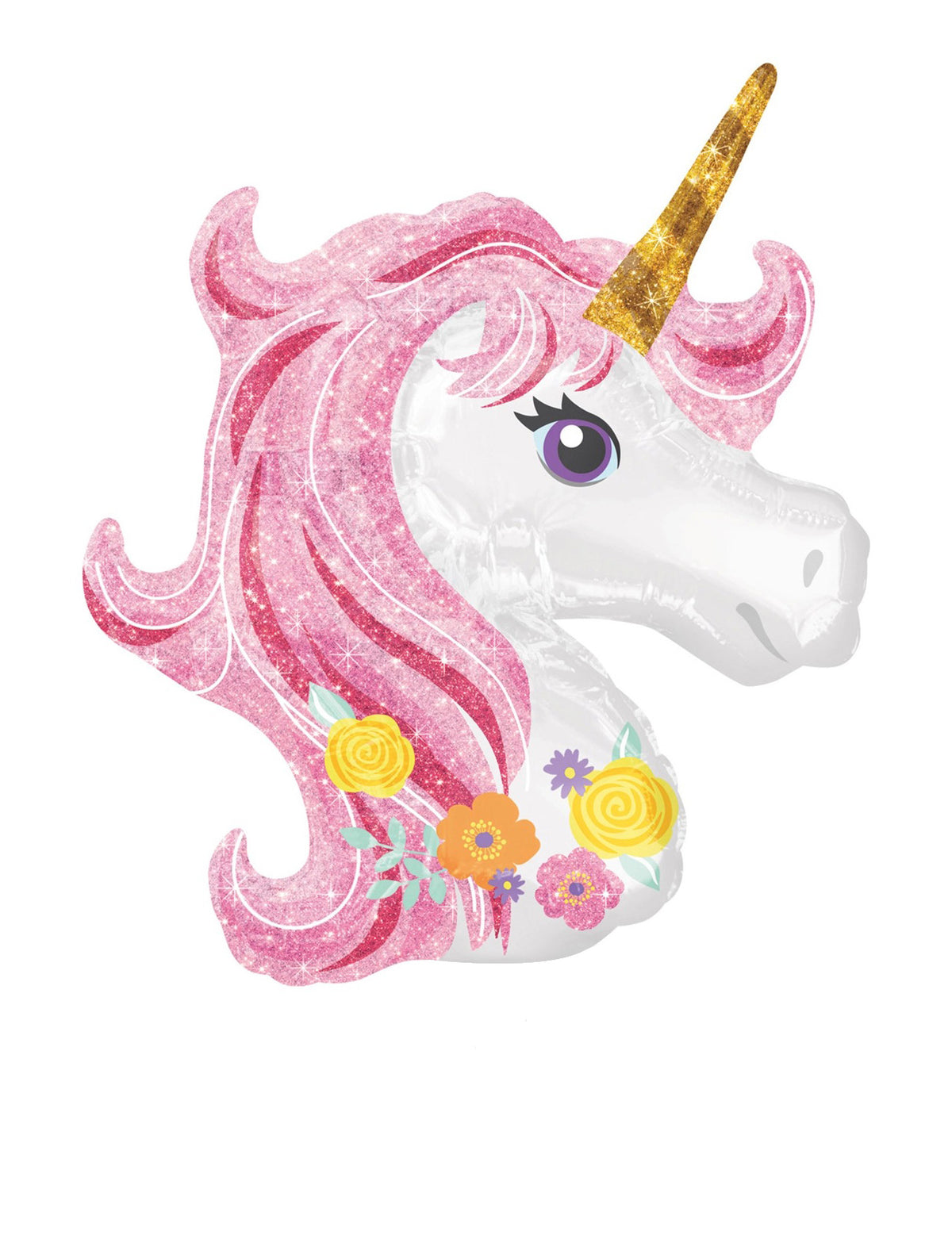 Petit ballon en aluminium tête de licorne fleurie pour enfant blanc et rose avec corne dorée