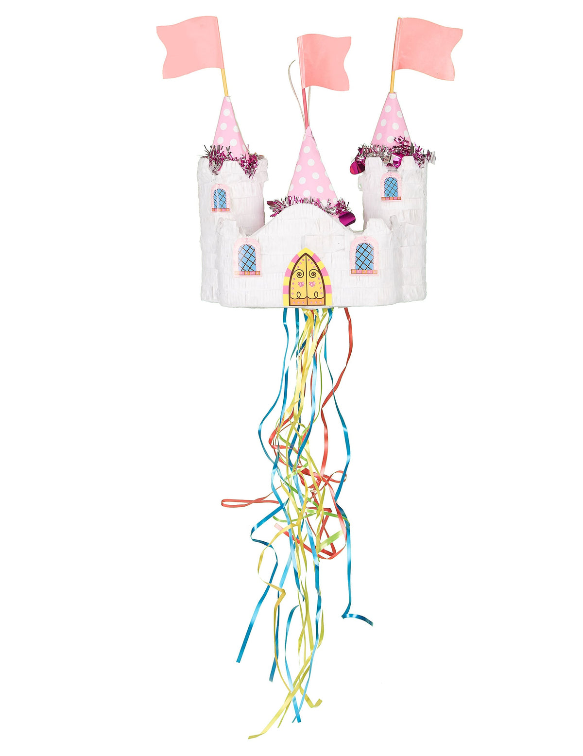 Piñata château de princesse pour enfant blanche et rose avec rubans colorés