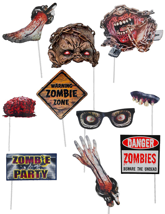 10 accessoires photobooth zombie pour fête multicolores et sanglants