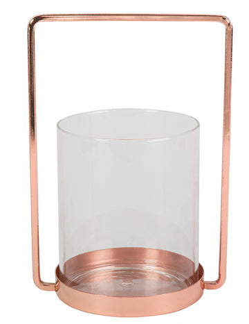 Stekleni svečnik z okvirjem iz rožnatega zlata, 19,5 cm elegantna medenina