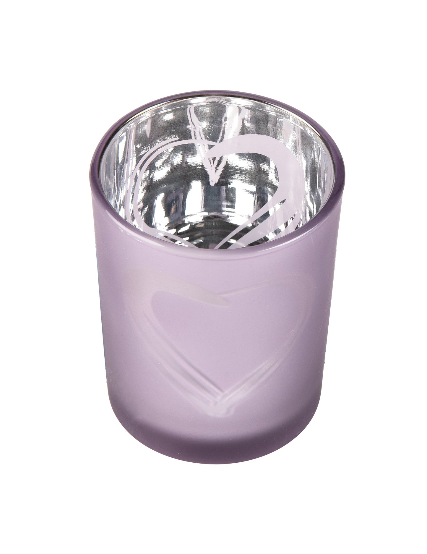 Vue de dessus de l'intérieur argenté du photophore en verre coeur parme