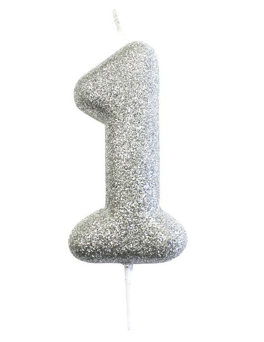 Bougie sur pique chiffre 1 pour gâteau argent pailleté