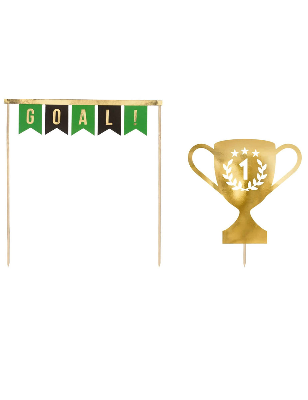 Zlati, zeleni in črni nogometni kolački z napisom Goal in pokalom