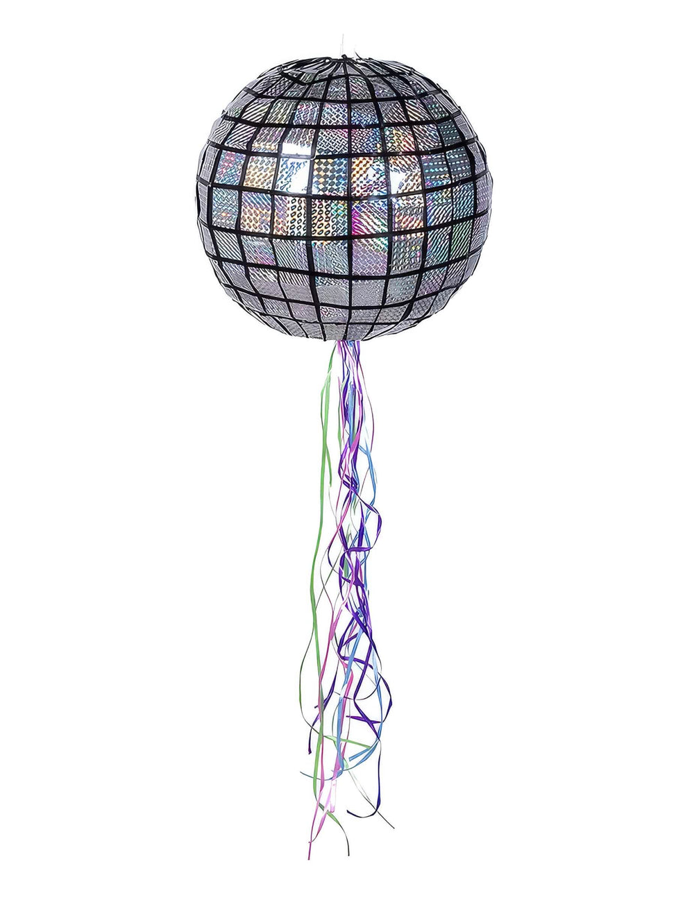 Piñata disko v obliki kroglice zrcalnih ploščic, srebrna s pisanimi trakovi