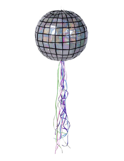 Piñata boule à facettes disco argentée avec rubans colorés