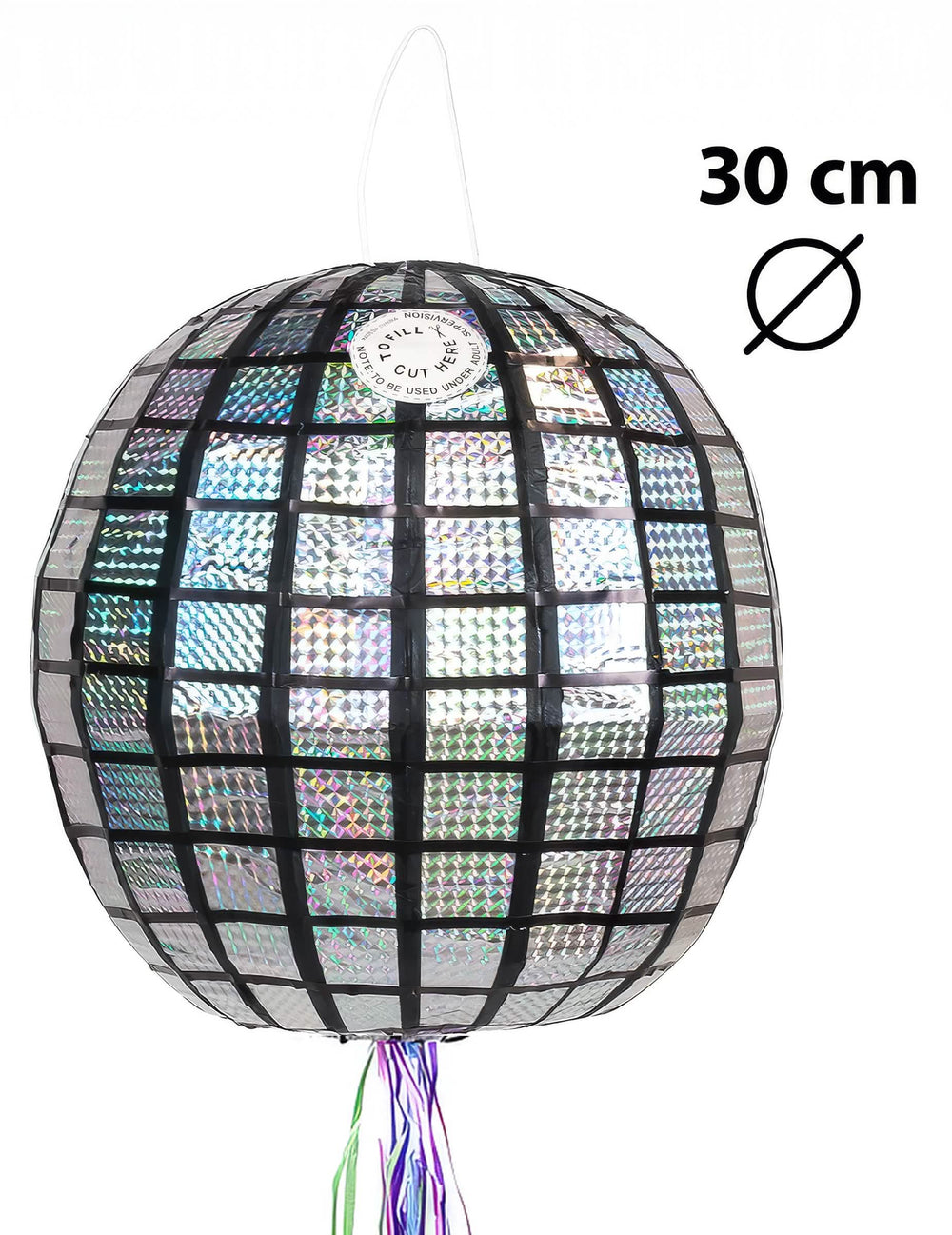 Dimenzije in sistem za obešanje disko piñate v obliki disko krogle