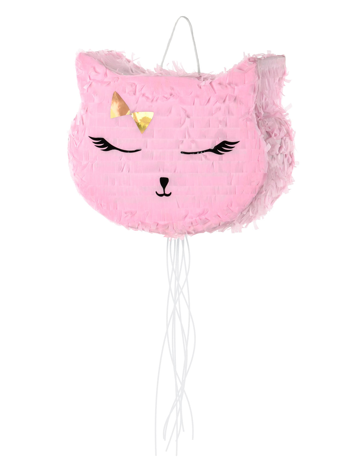 Piñata chat pour anniversaire rose avec nœud doré