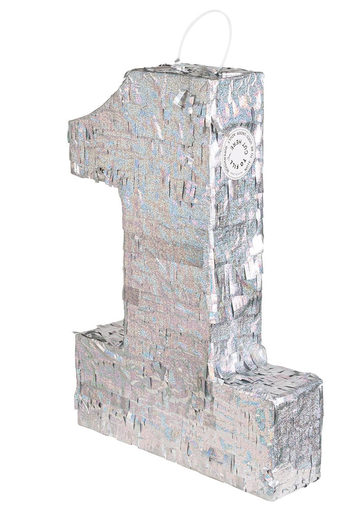 Srebrna holografska pinjata, številka 1, 40 x 28 x 8 cm praznično