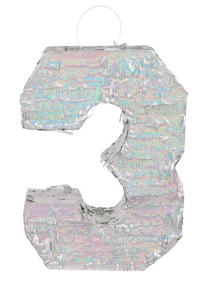 Vue de face de la piñata chiffre 3 pour anniversaire holographique argent