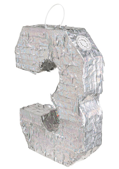Piñata chiffre 3 pour anniversaire holographique argent