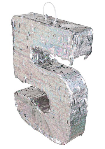 Srebrna holografska pinjata, številka 5, 40 x 28 x 8 cm za rojstni dan