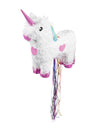 Pinata licorne pour enfant blanche et rose avec rubans multicolores