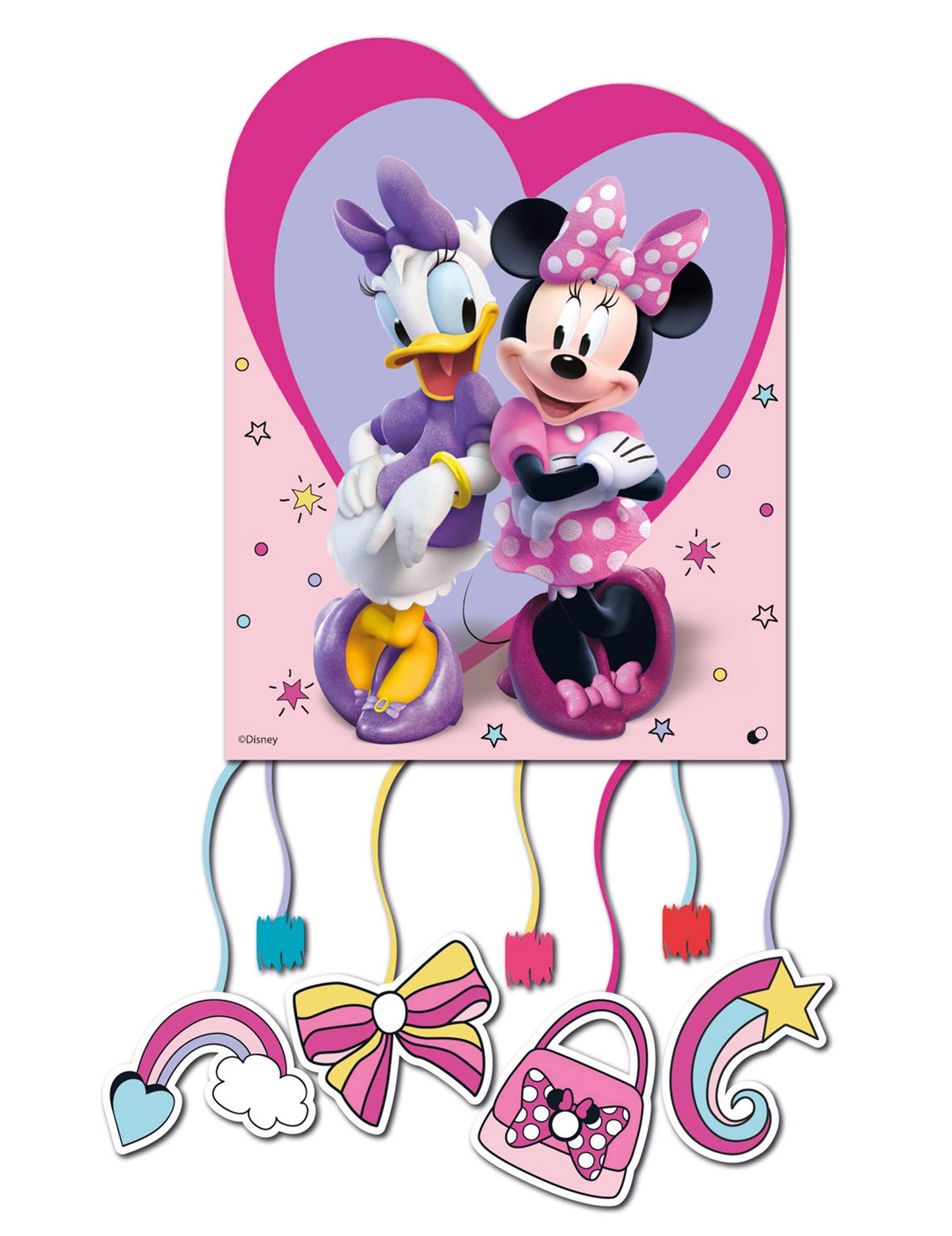 Piñata Minnie et Daisy pour enfant rose et violette avec rubans à tirer