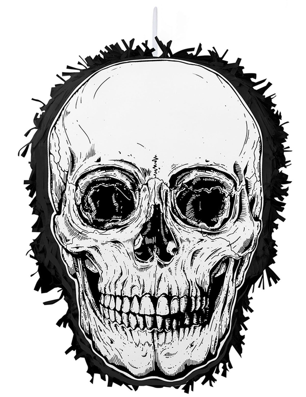 Piñata tête de mort pour fête noir et blanc avec franges noires