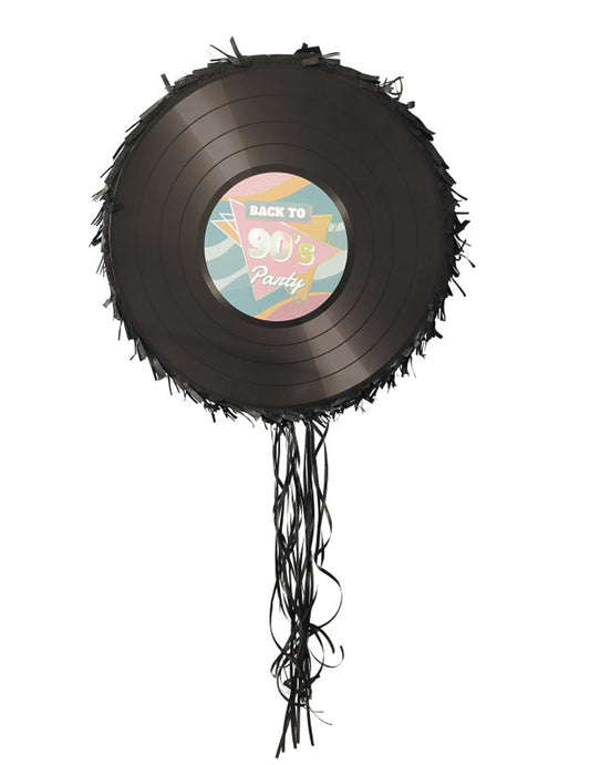 Piñata vinyle années 90 pour fête noire avec rubans et motif Back to 90's