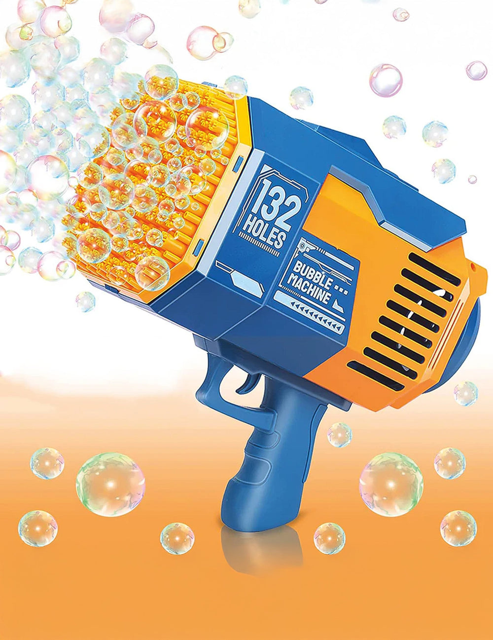 Pistolet à bulles de savon pour enfant bleu et orange à 132 trous