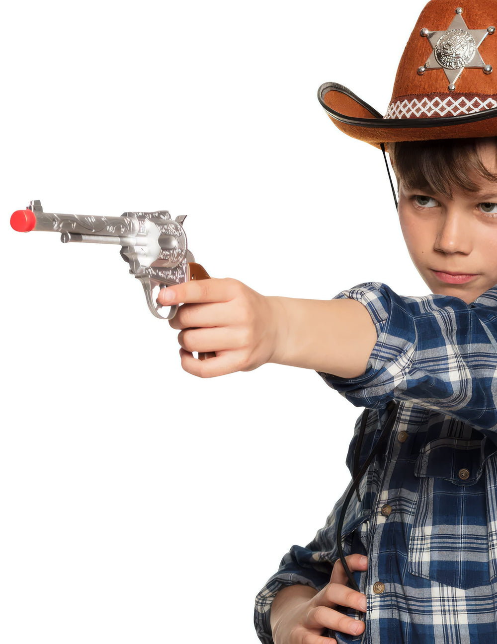 Pistolet sonore cowboy pour enfant argenté avec poignée marron et embout rouge