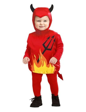 Déguisement de diablotin pour bébé rouge avec flammes et fourche imprimées
