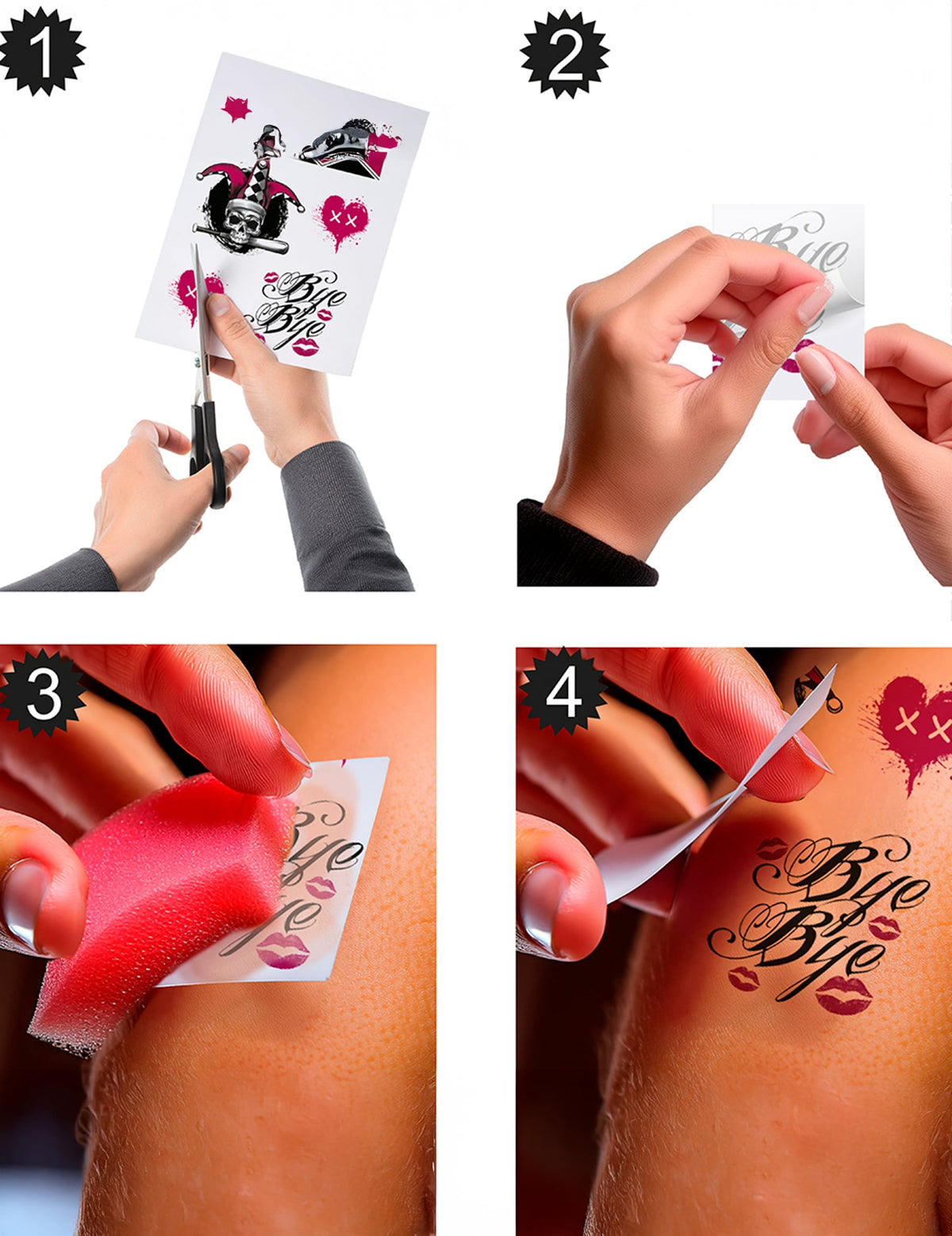 Étapes d'application de la planche de tatouages arlequine maléfique