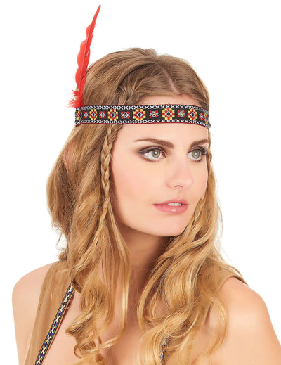 Bandeau plume indienne pour adulte rouge avec motifs colorés