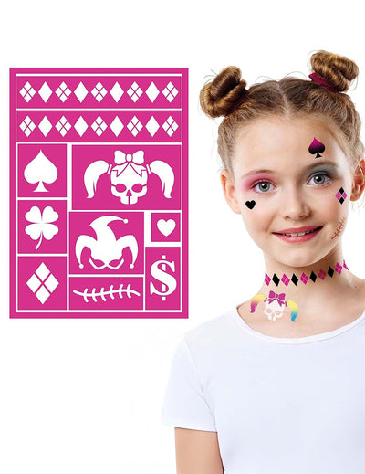 Pochoir de maquillage arlequin maléfique pour enfant rose avec motifs de crâne et losanges