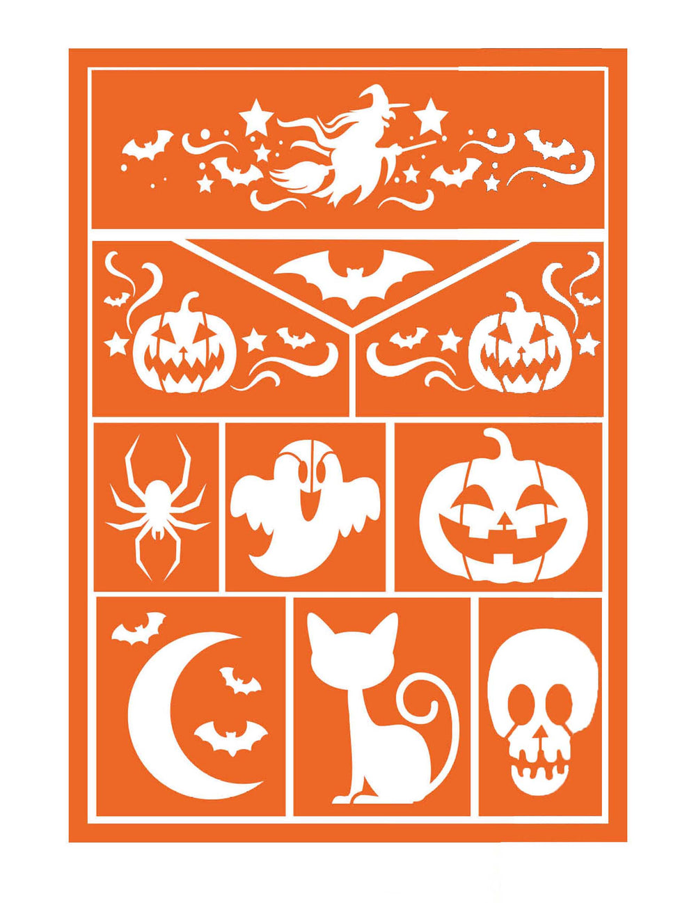 Détail des différents motifs des pochoirs de maquillage Happy Halloween