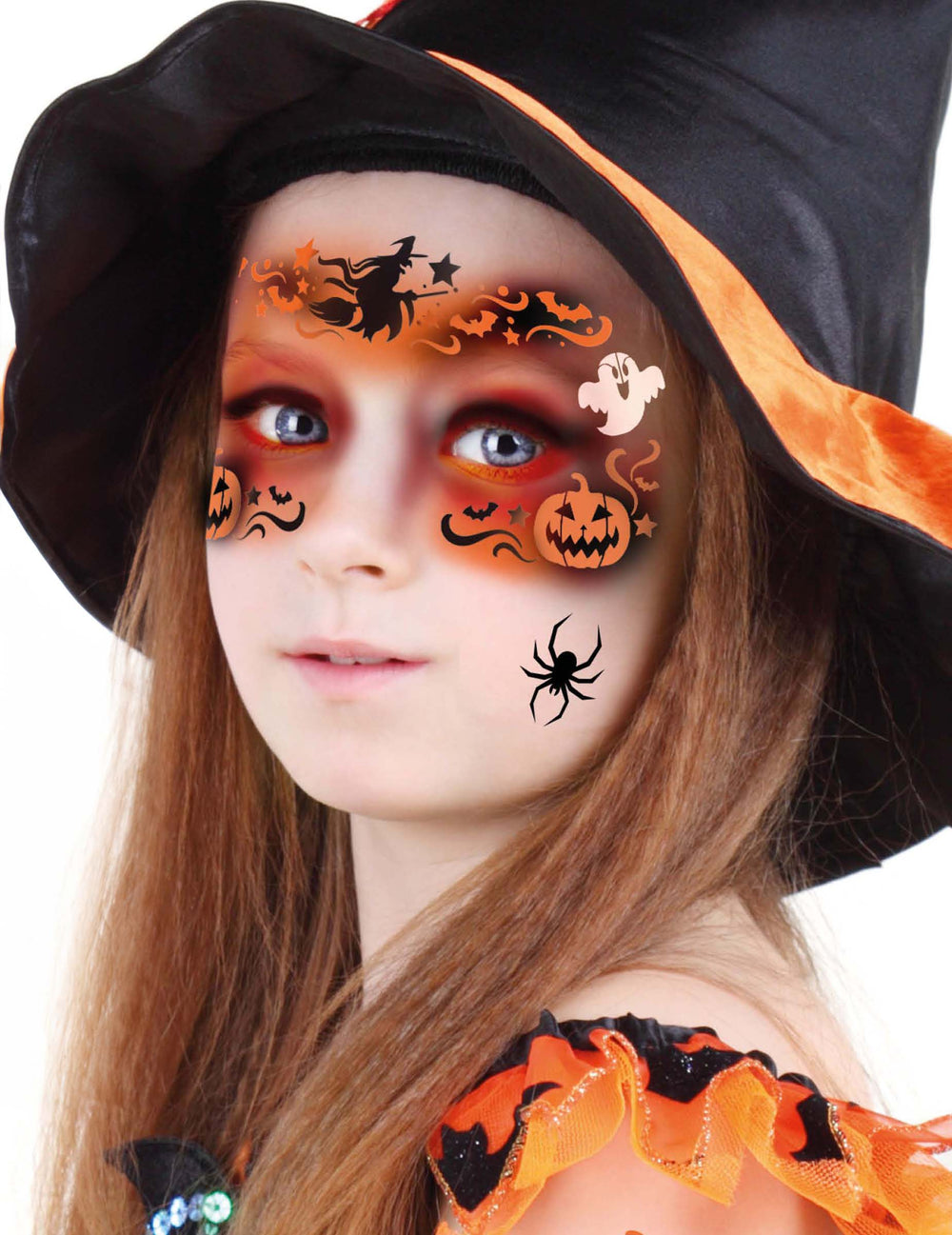 Pochoirs de maquillage Happy Halloween pour enfant orange et noir avec motifs de sorcière et citrouille