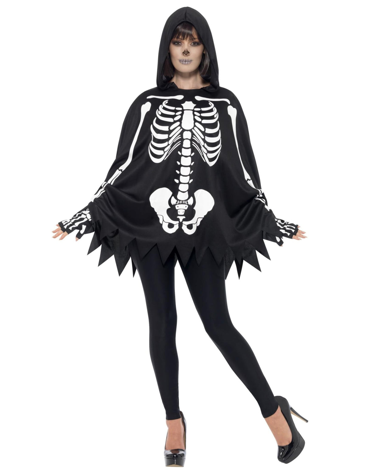 Vue de face du poncho squelette pour adulte